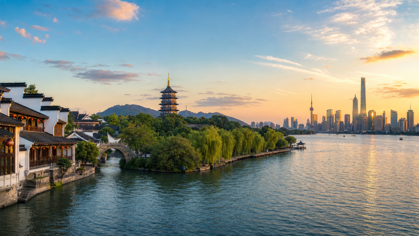 江浙沪水乡、湖景与城市天际线